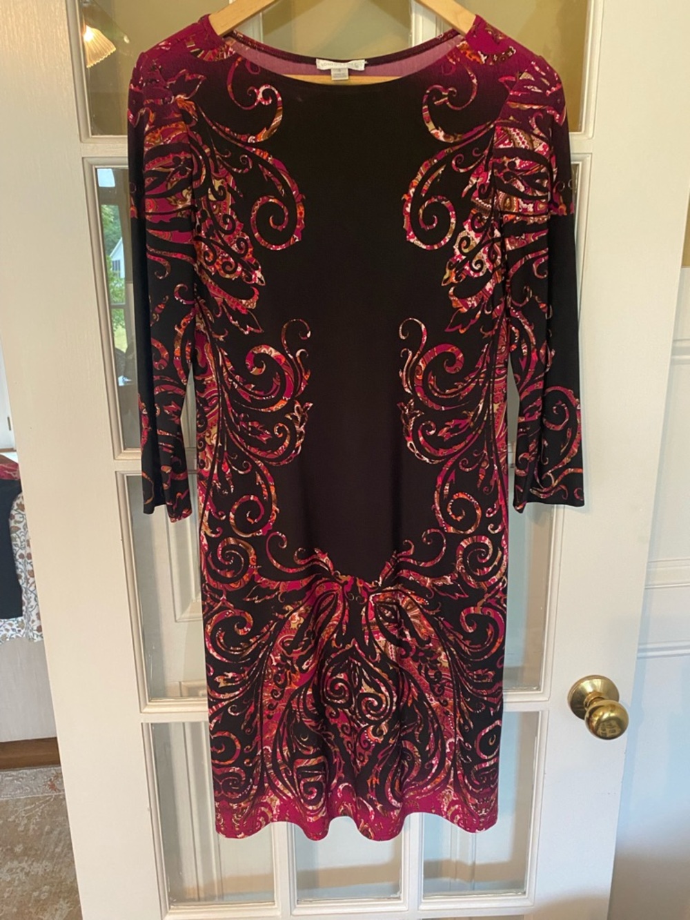 London Times Black Midi Dress with Pink Swirl Print